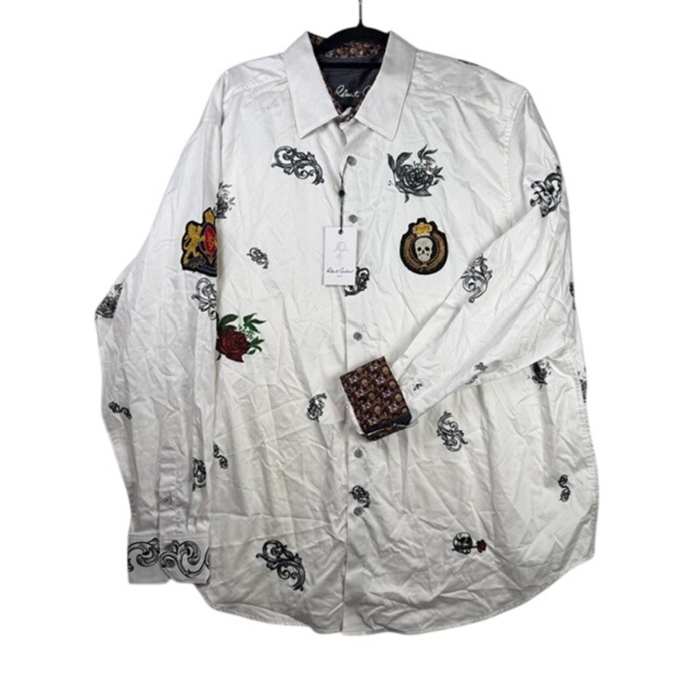 NWT Robert Graham The Medici Button Down Shirt Embroidered Patches White 2XLT
